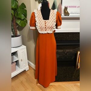1970’s Orange & Lace Full Length Pilgrim Dress